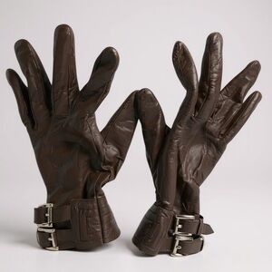 Michael Kors Moto Leather Gloves Buckles Lined Silver Hardware Small Brown Lined